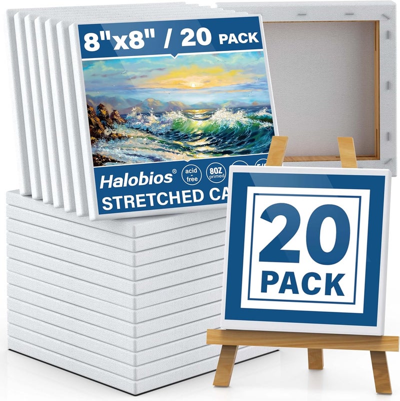 Halobios Professional Stretched Canvases for Painting with 8x8 Inch, 20 Packs Blank Painting Canvas for Acrylics,Oils & Other Painting Media, 5/8 Inch Profile 100% Cotton Artist Framed Canvas - Image 1